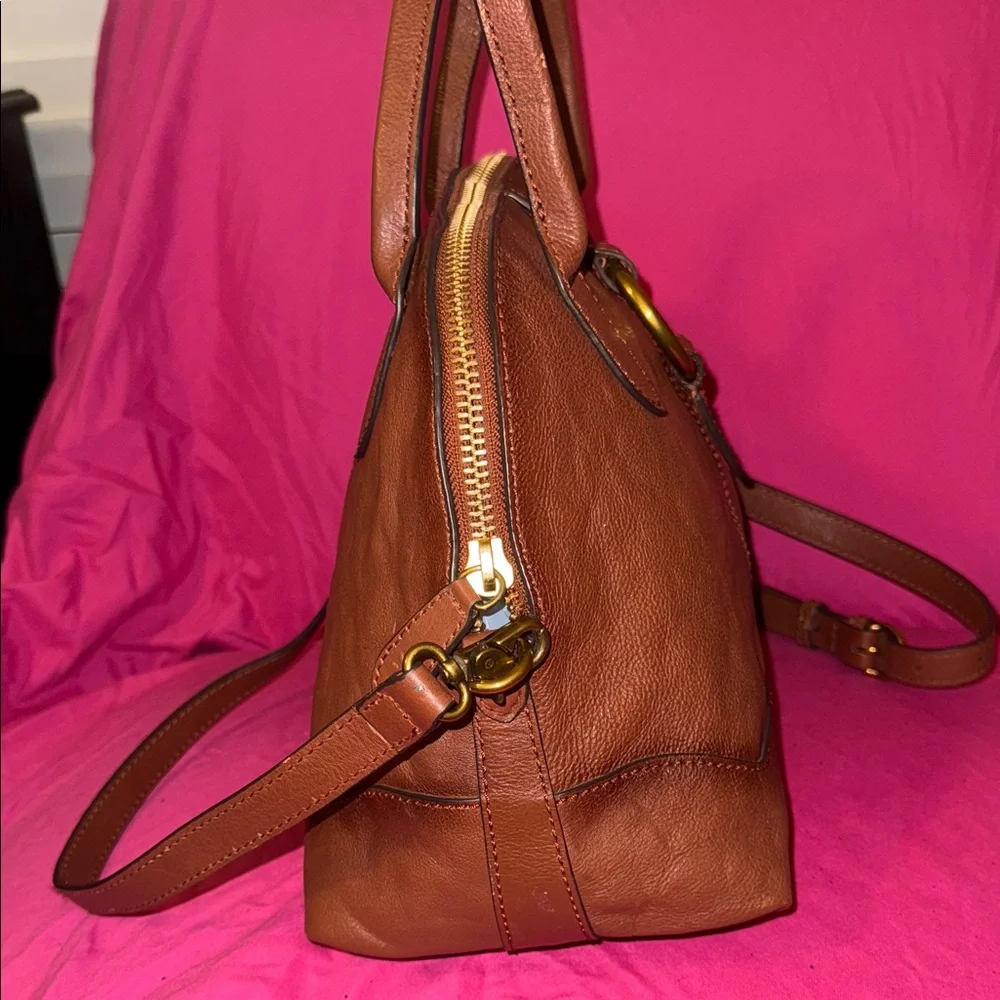 Frye Chestnut Brown Leather Satchel with Gold Ring Accent